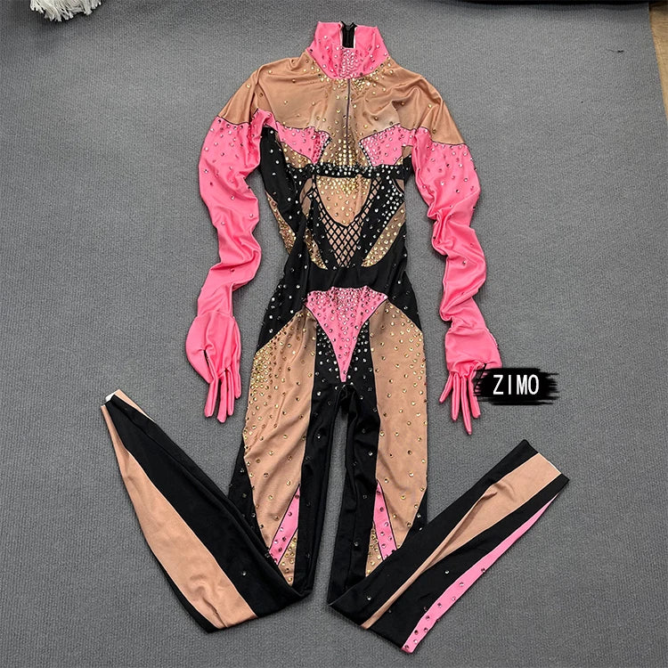 stage sexy blue pink rhinestones long sleeve jumpsuit women pole club Leotard Dance birthday party DS Singer drag queen Costumes