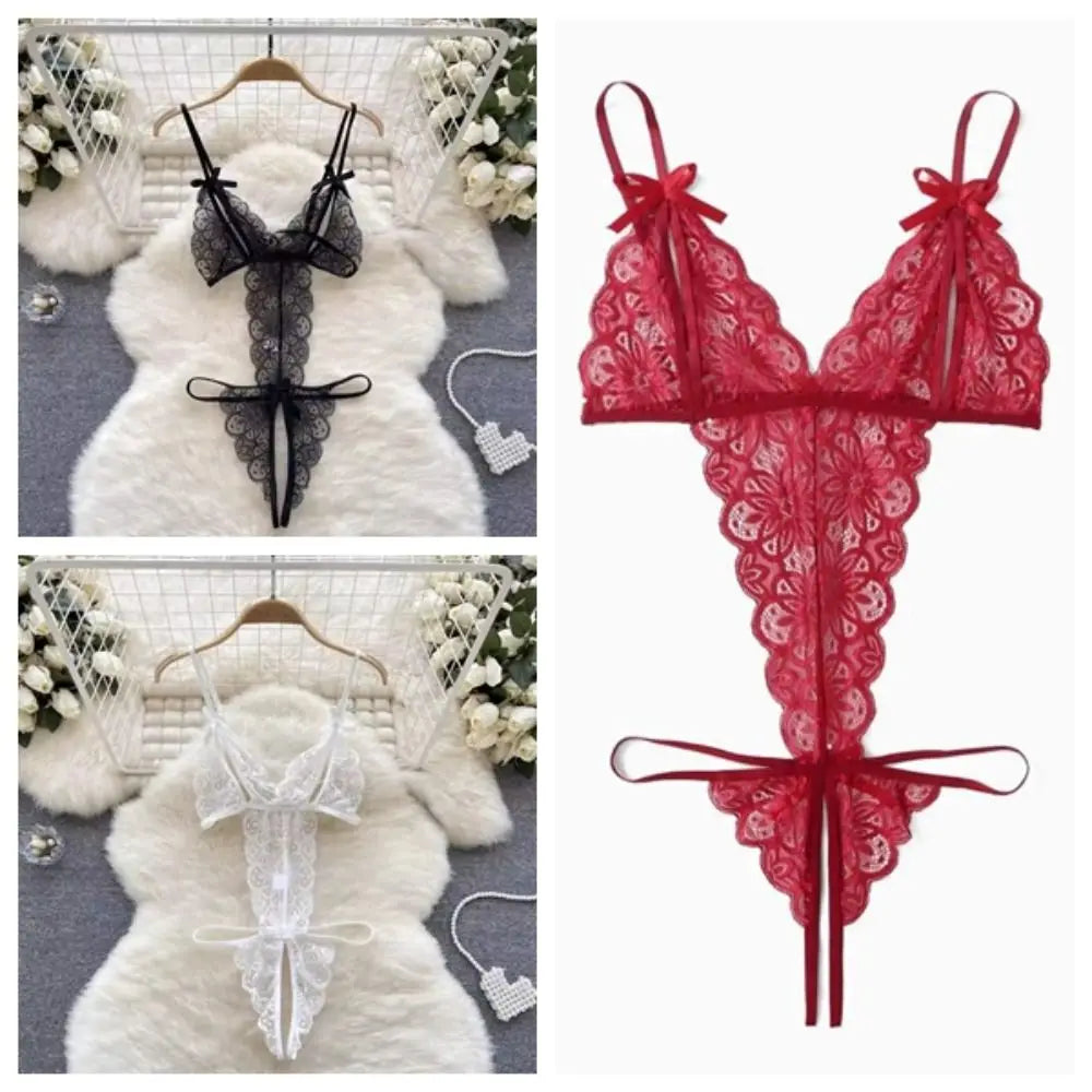 Sweet Deep V Neck Lace Bow Bodysuit Mesh Hollow Transparent Women Lingerie Jumpsuits Sleeveless Lace Sling Nightwear Gifts