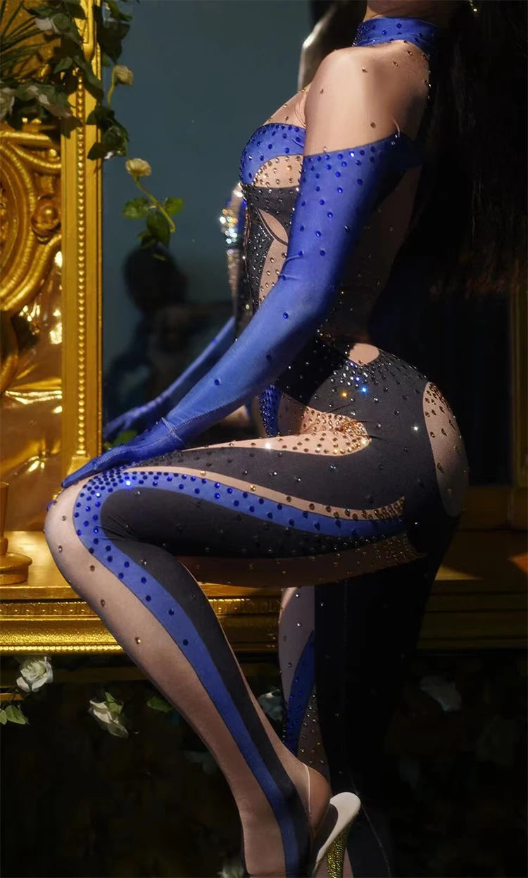 stage sexy blue pink rhinestones long sleeve jumpsuit women pole club Leotard Dance birthday party DS Singer drag queen Costumes