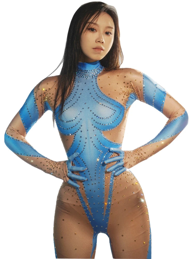 stage sexy blue pink rhinestones long sleeve jumpsuit women pole club Leotard Dance birthday party DS Singer drag queen Costumes