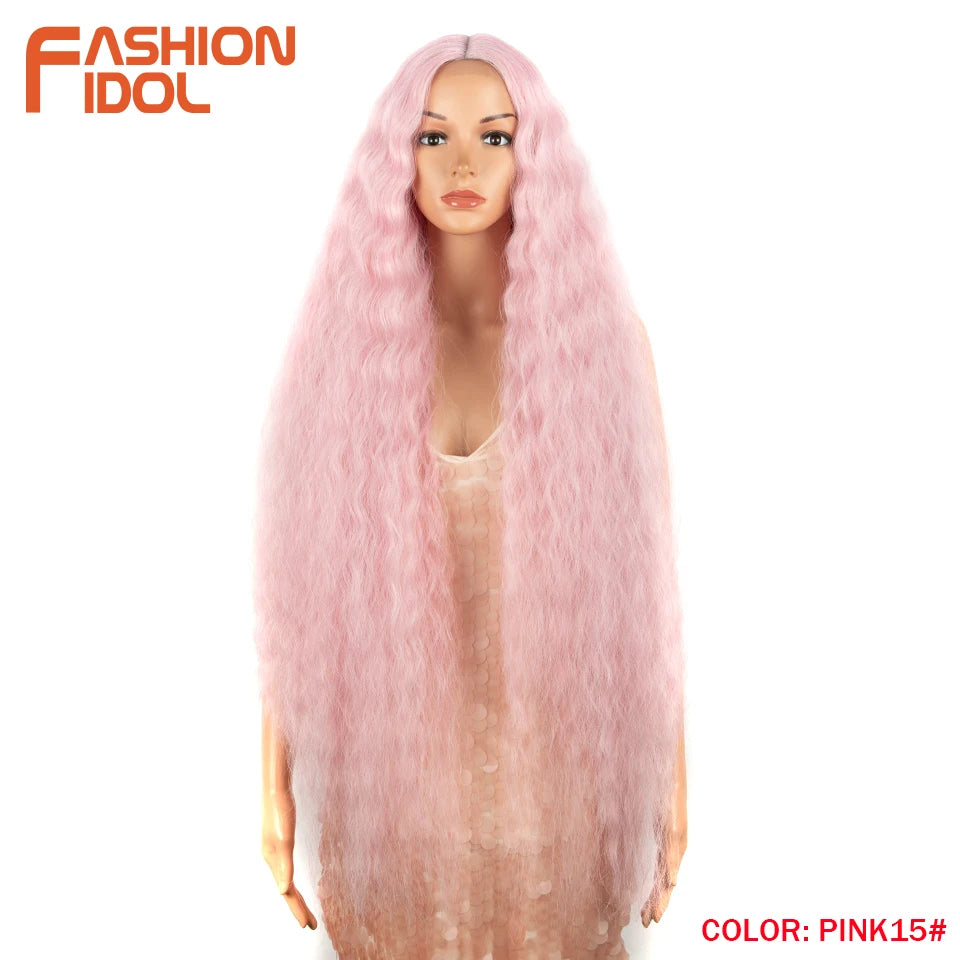FASHION IDOL 42 Inches Lace Wig Hair Synthetic Wigs For Black Women Ombre Blonde Pink Water Wavy Long Curly Hair Wigs Cosplay