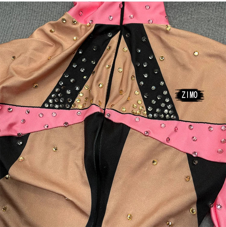 stage sexy blue pink rhinestones long sleeve jumpsuit women pole club Leotard Dance birthday party DS Singer drag queen Costumes