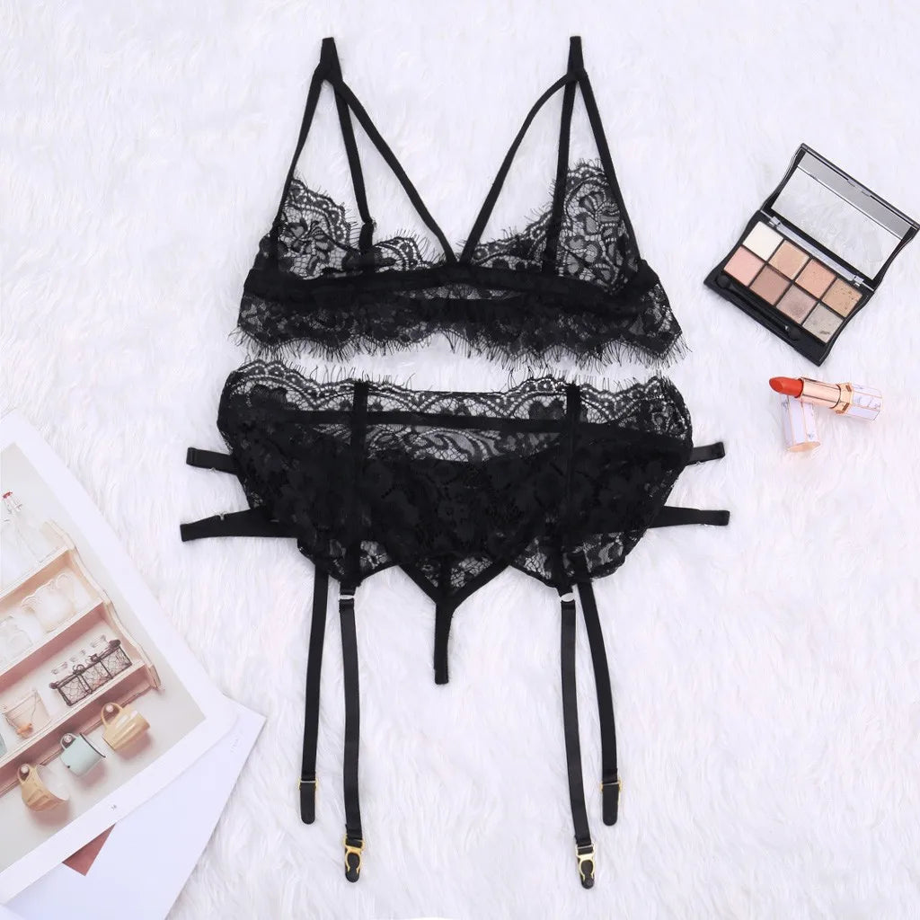 Hot Erotic Lingerie Set Women's Lace Panel Garter Bra And Thong Set Fashion Lace Sexy Lingerie For Woman Pajama Sets Sleepwear
