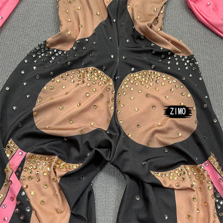 stage sexy blue pink rhinestones long sleeve jumpsuit women pole club Leotard Dance birthday party DS Singer drag queen Costumes