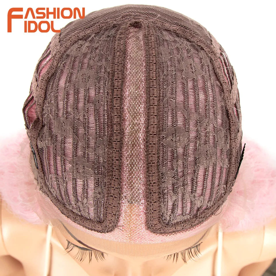 FASHION IDOL 42 Inches Lace Wig Hair Synthetic Wigs For Black Women Ombre Blonde Pink Water Wavy Long Curly Hair Wigs Cosplay