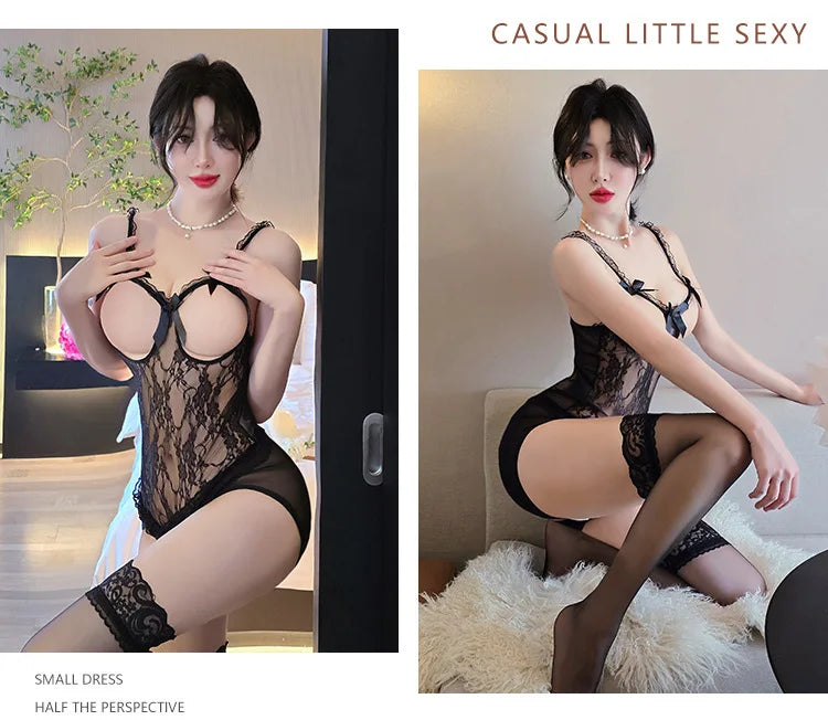 New Lace Seduction Sexy Lingerie For Woman No Take Off Erotic Sleepwear Hot Girl Cosplay Open Crotch Jumpsuit Backless Costume