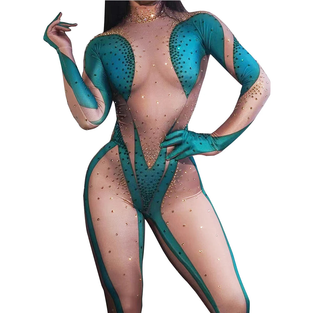 stage sexy blue pink rhinestones long sleeve jumpsuit women pole club Leotard Dance birthday party DS Singer drag queen Costumes