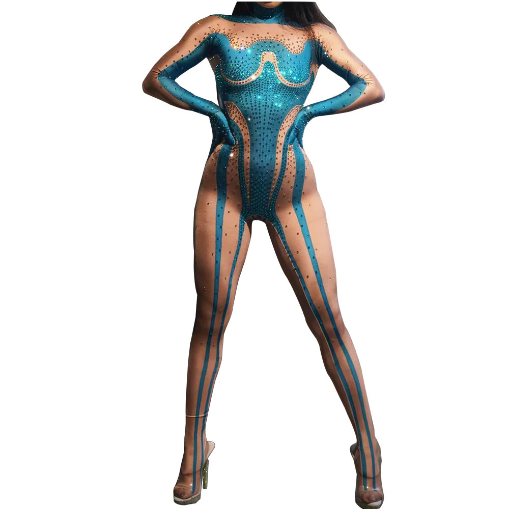 stage sexy blue pink rhinestones long sleeve jumpsuit women pole club Leotard Dance birthday party DS Singer drag queen Costumes