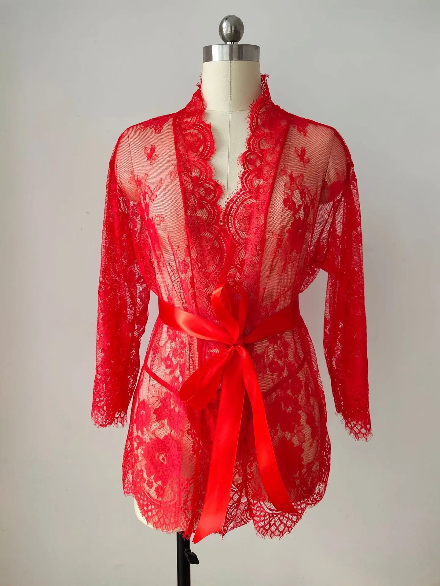 Ladies' Sexy Lace Pajama Set with Three Quarter Sleeves Knitted High and Thin Transparent and Extremely Tempting