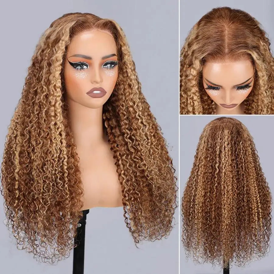 Deep Wave Honey Blonde Glueless Wigs 100% Human Hair Pre Cut Highlight Wear and Go Curly Wigs for Women Ombre HD Lace Front Wig