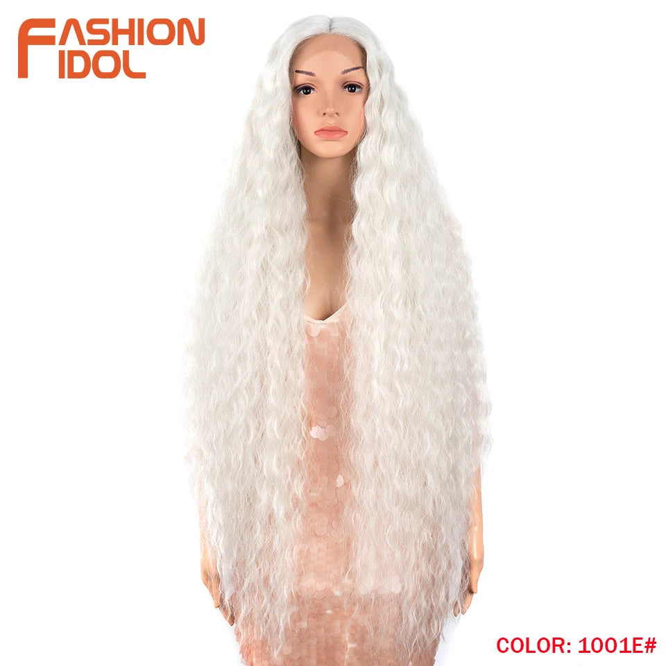 FASHION IDOL 42 Inches Lace Wig Hair Synthetic Wigs For Black Women Ombre Blonde Pink Water Wavy Long Curly Hair Wigs Cosplay
