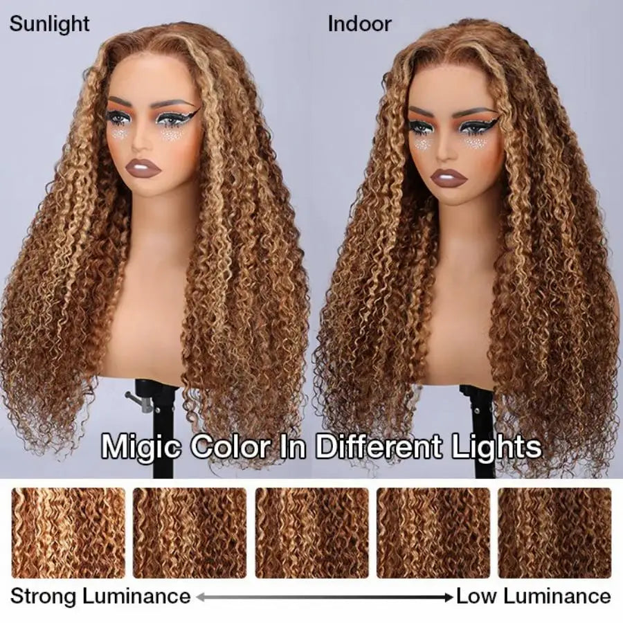 Deep Wave Honey Blonde Glueless Wigs 100% Human Hair Pre Cut Highlight Wear and Go Curly Wigs for Women Ombre HD Lace Front Wig