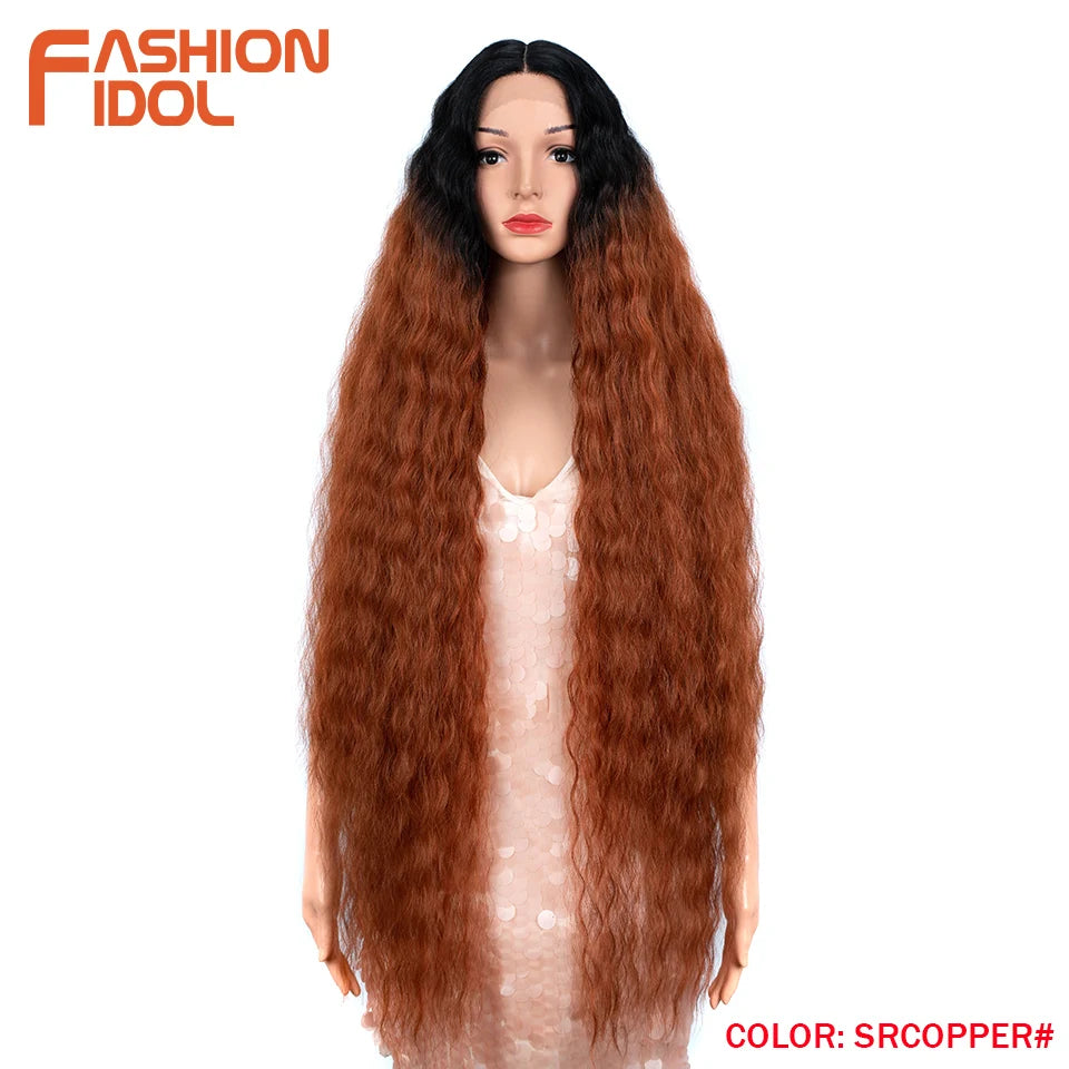 FASHION IDOL 42 Inches Lace Wig Hair Synthetic Wigs For Black Women Ombre Blonde Pink Water Wavy Long Curly Hair Wigs Cosplay