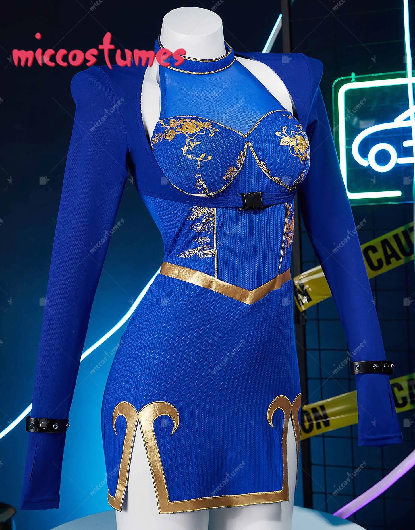 MICCOSTUMES Women's Chun Li Derivative Casual Outfit Halter Dress and Top with Bracelets Hairband Cosplay Costume