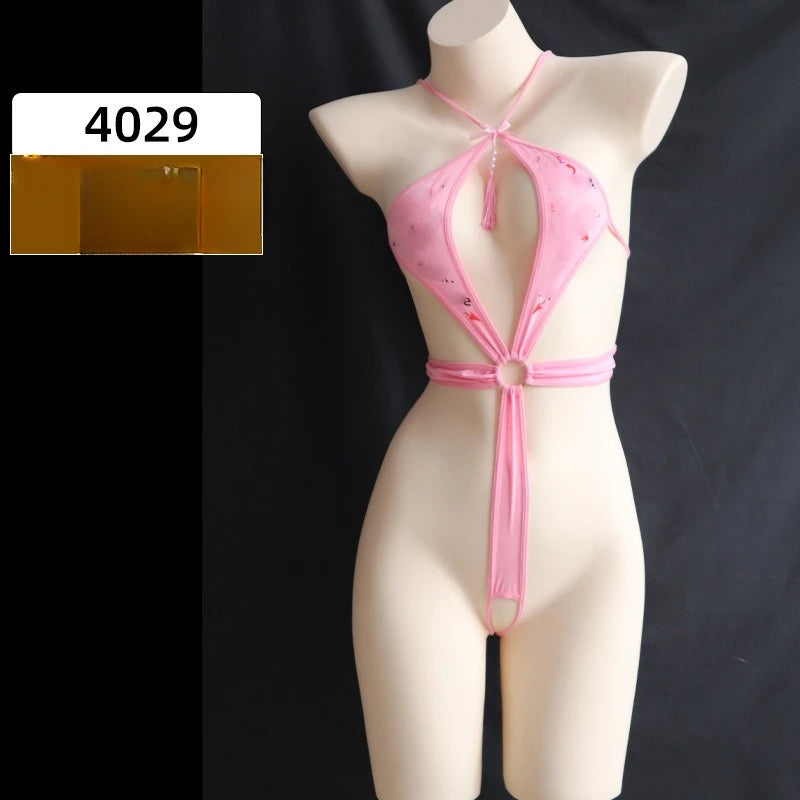 Sexy Lingerie Pink Women's Sexy Bodysuits Open Crotch Transparent Printed Exotic Jumpsuit Lenceria Femenina Temptation Body Suit