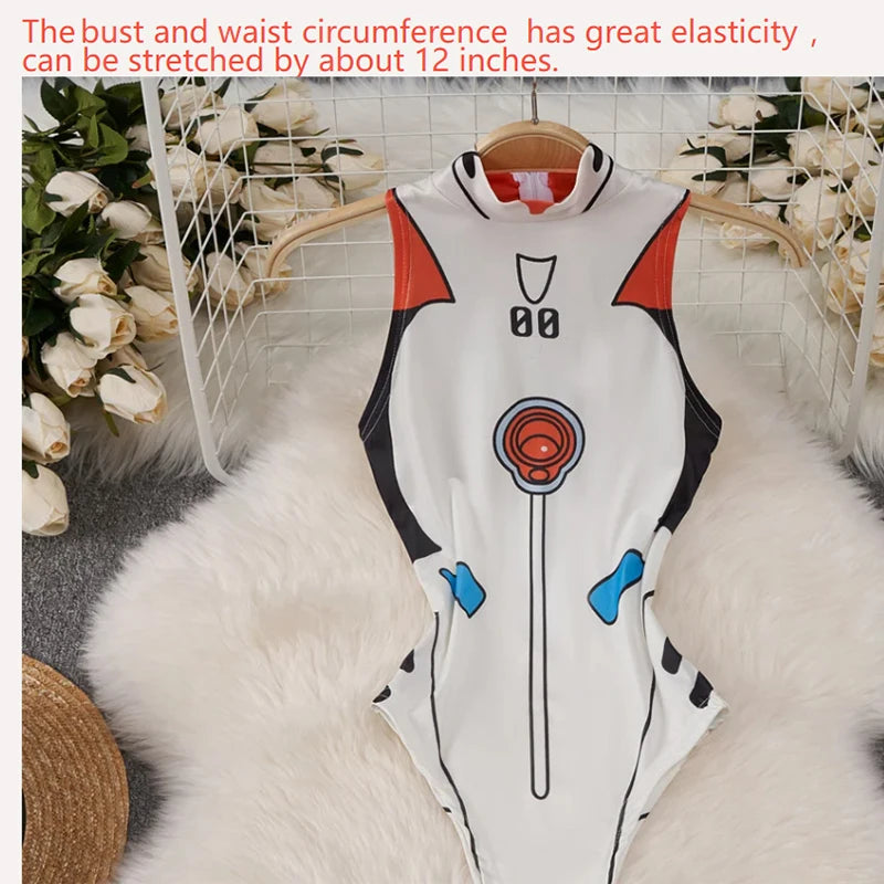 White Cute Sweet Cartoon Printed Jumpsuit Half High Collar Sleeveless Skinny Lingerie Bodycon Bodysuit Rompers Catsuits Clothes