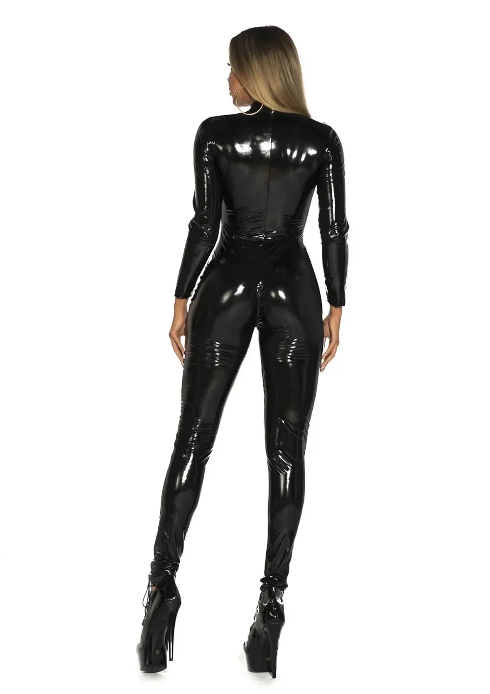 Women Hot Glossy PU Leather Bodysuit Double Zipper Sexy Open Crotch Porn Breast Exposing Jumpsuit Long Sleeve Sexi