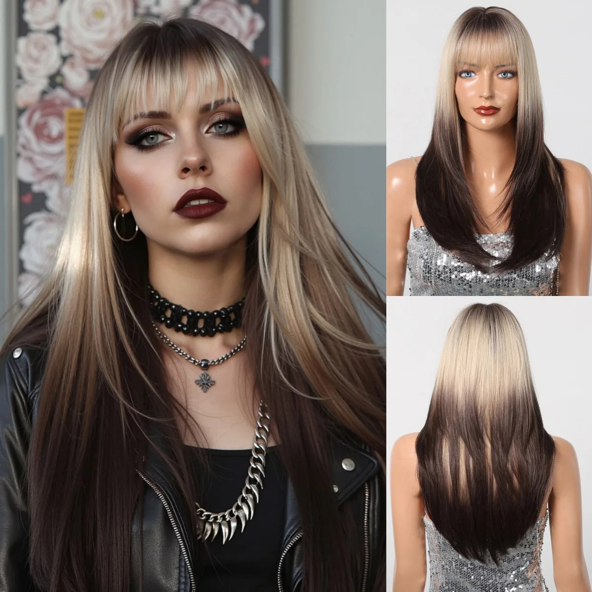 Black Highlight Pink Synthetic Wig with Bangs Long Straight Black Highlight Red Wig For Women Cosplay Party Christmas Wig 26inch