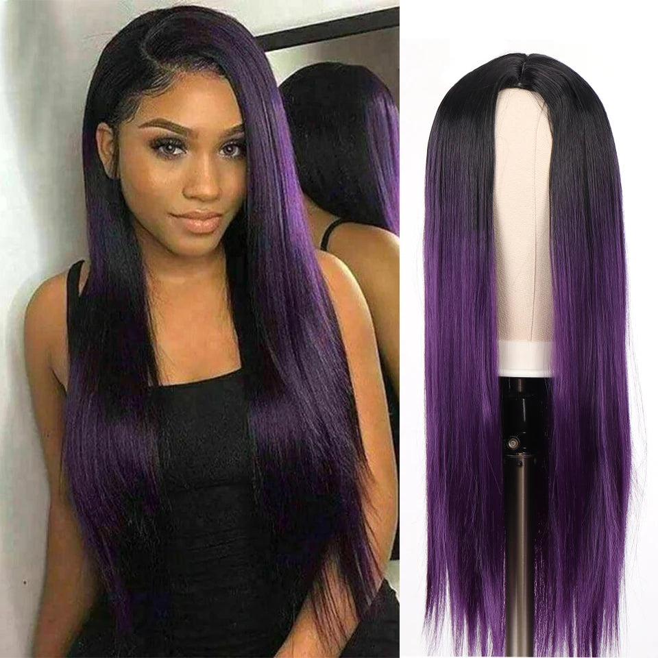 LM Golden Wig Synthetic Ombre Long Straight/Body Wave Middle Part Heat Resistant Natural Hair Wigs For Women Cosplay