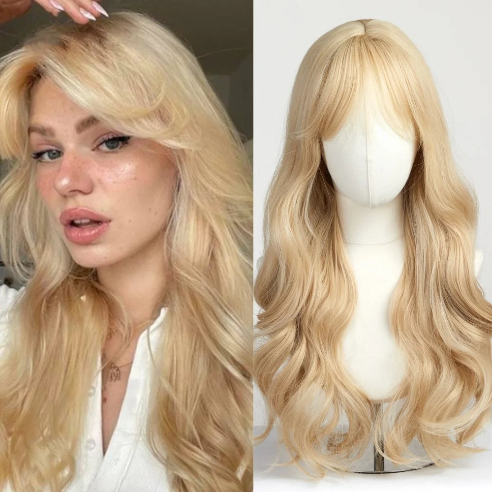 Platinum 613 Blonde Wig Long Wavy Synthetic Wig with Bangs Curly Mixed Golden for Women Cosplay Party Daily Use Heat Resistant
