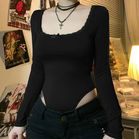 BIIKPIIK Basic Lace Bodysuits For Women Sweet Casual Square Collar Full Sleeve Black Rompers Young Hot All-matched Slim Overalls