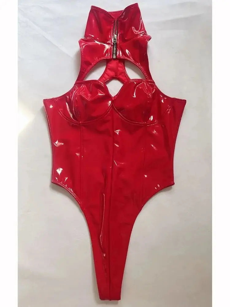 3D Hollow Bust Wet Look PVC Catsuit High Cut Zipper Open Crotch Bodysuit Tight Hot Sexy Sukumizu Cosplay Body Shirt Clubwear Top