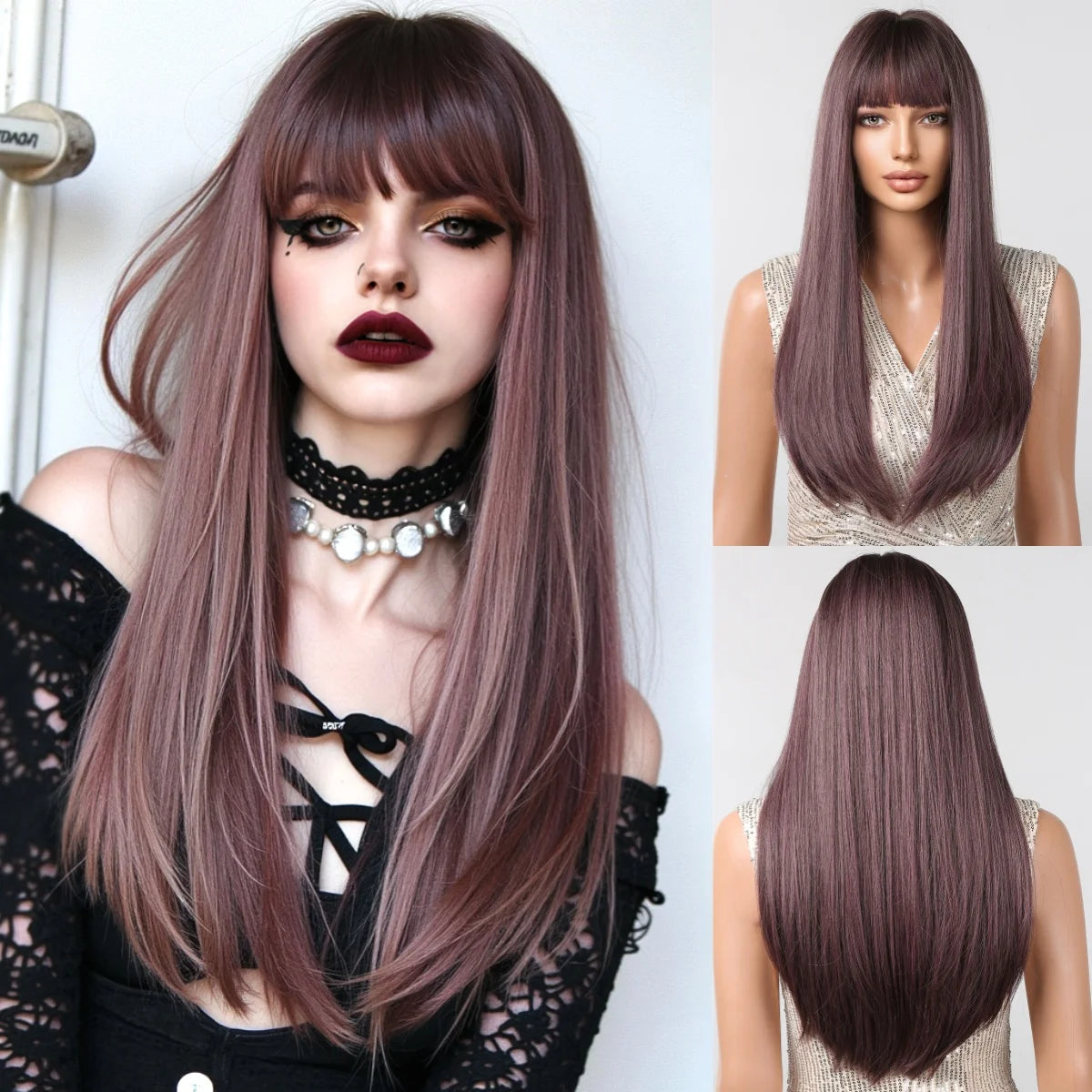 Black Highlight Pink Synthetic Wig with Bangs Long Straight Black Highlight Red Wig For Women Cosplay Party Christmas Wig 26inch