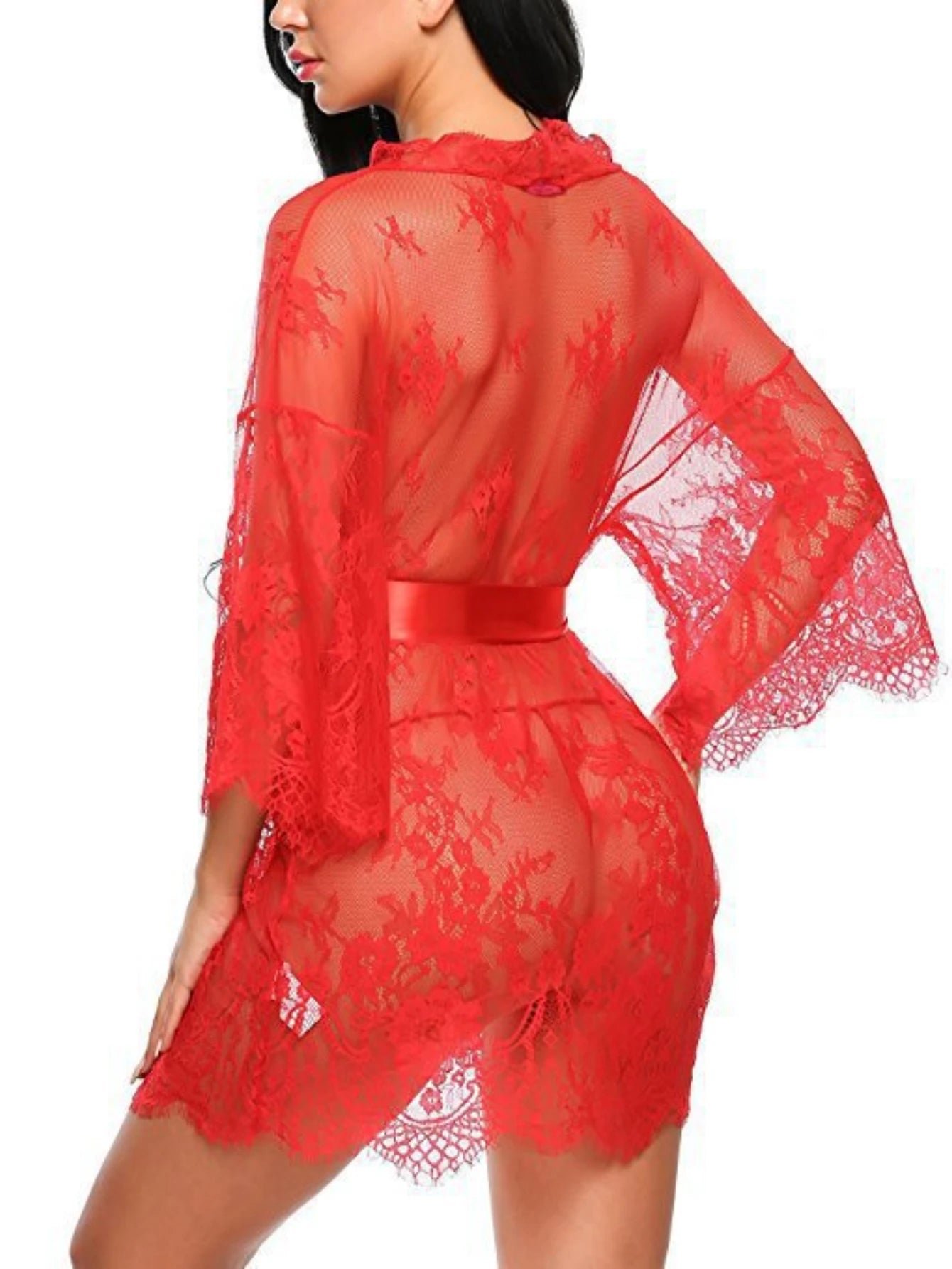 Ladies' Sexy Lace Pajama Set with Three Quarter Sleeves Knitted High and Thin Transparent and Extremely Tempting
