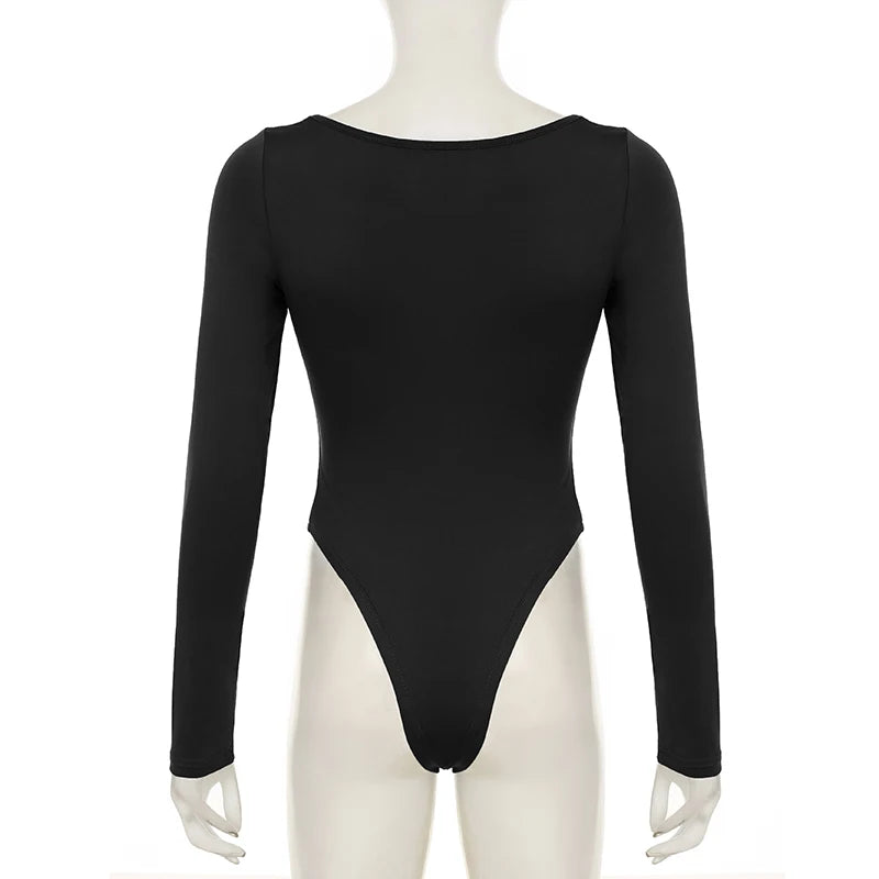 BIIKPIIK Basic Lace Bodysuits For Women Sweet Casual Square Collar Full Sleeve Black Rompers Young Hot All-matched Slim Overalls