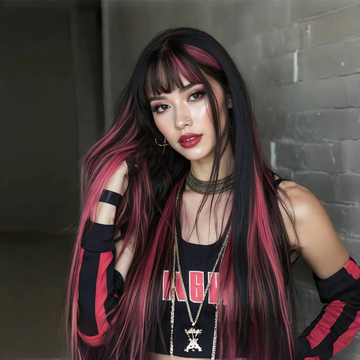 Black Highlight Pink Synthetic Wig with Bangs Long Straight Black Highlight Red Wig For Women Cosplay Party Christmas Wig 26inch