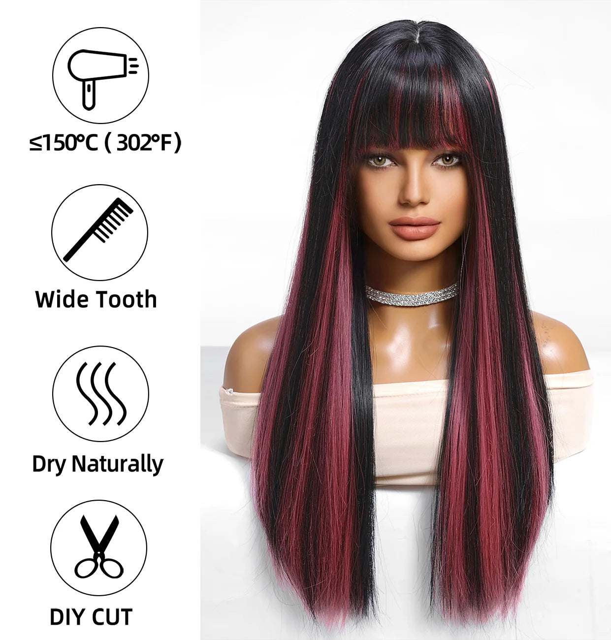 Black Highlight Pink Synthetic Wig with Bangs Long Straight Black Highlight Red Wig For Women Cosplay Party Christmas Wig 26inch