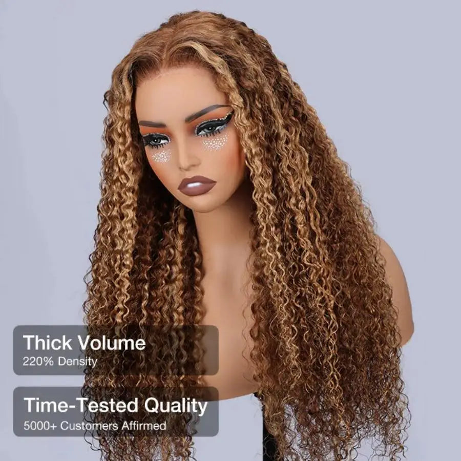 Deep Wave Honey Blonde Glueless Wigs 100% Human Hair Pre Cut Highlight Wear and Go Curly Wigs for Women Ombre HD Lace Front Wig