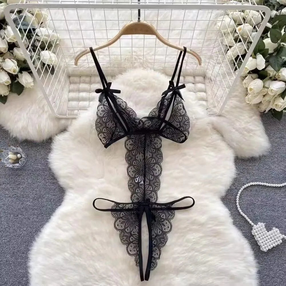 Sweet Deep V Neck Lace Bow Bodysuit Mesh Hollow Transparent Women Lingerie Jumpsuits Sleeveless Lace Sling Nightwear Gifts