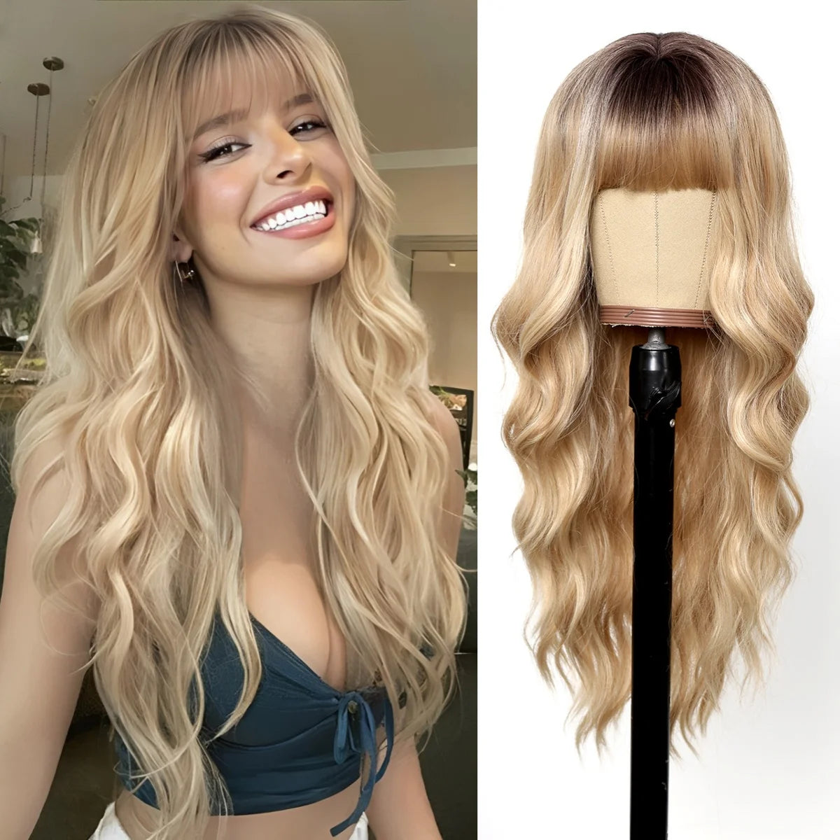 Platinum 613 Blonde Wig Long Wavy Synthetic Wig with Bangs Curly Mixed Golden for Women Cosplay Party Daily Use Heat Resistant