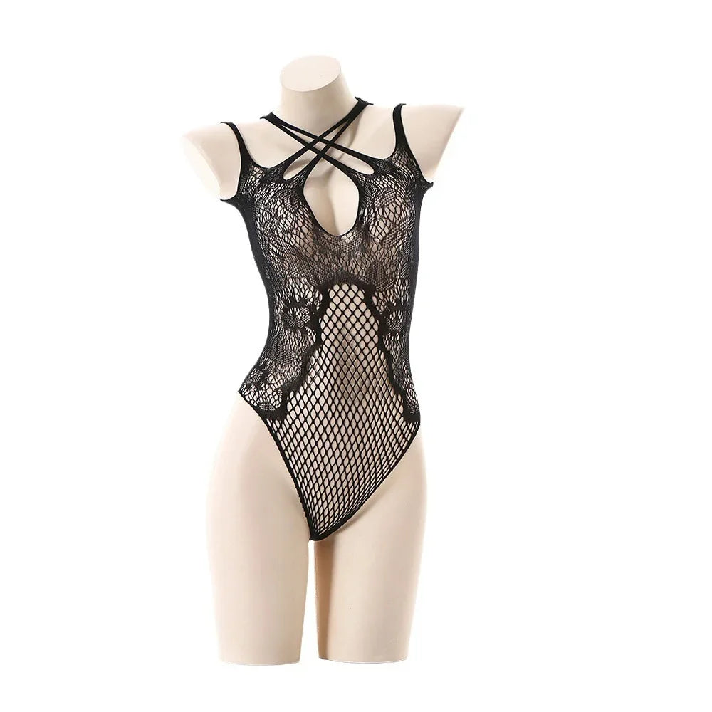 Sexy Fishnet Teddy Lingerie for Women - Crisscross Hollow Out One-Piece Bodysuit & Babydoll Nightwear