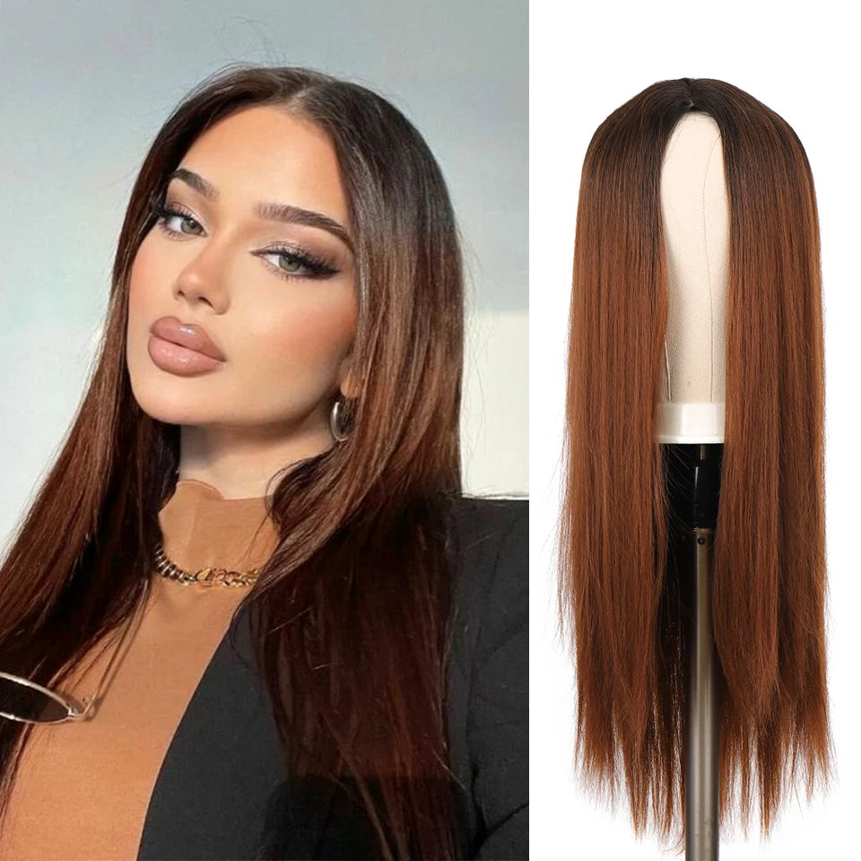 LM Golden Wig Synthetic Ombre Long Straight/Body Wave Middle Part Heat Resistant Natural Hair Wigs For Women Cosplay
