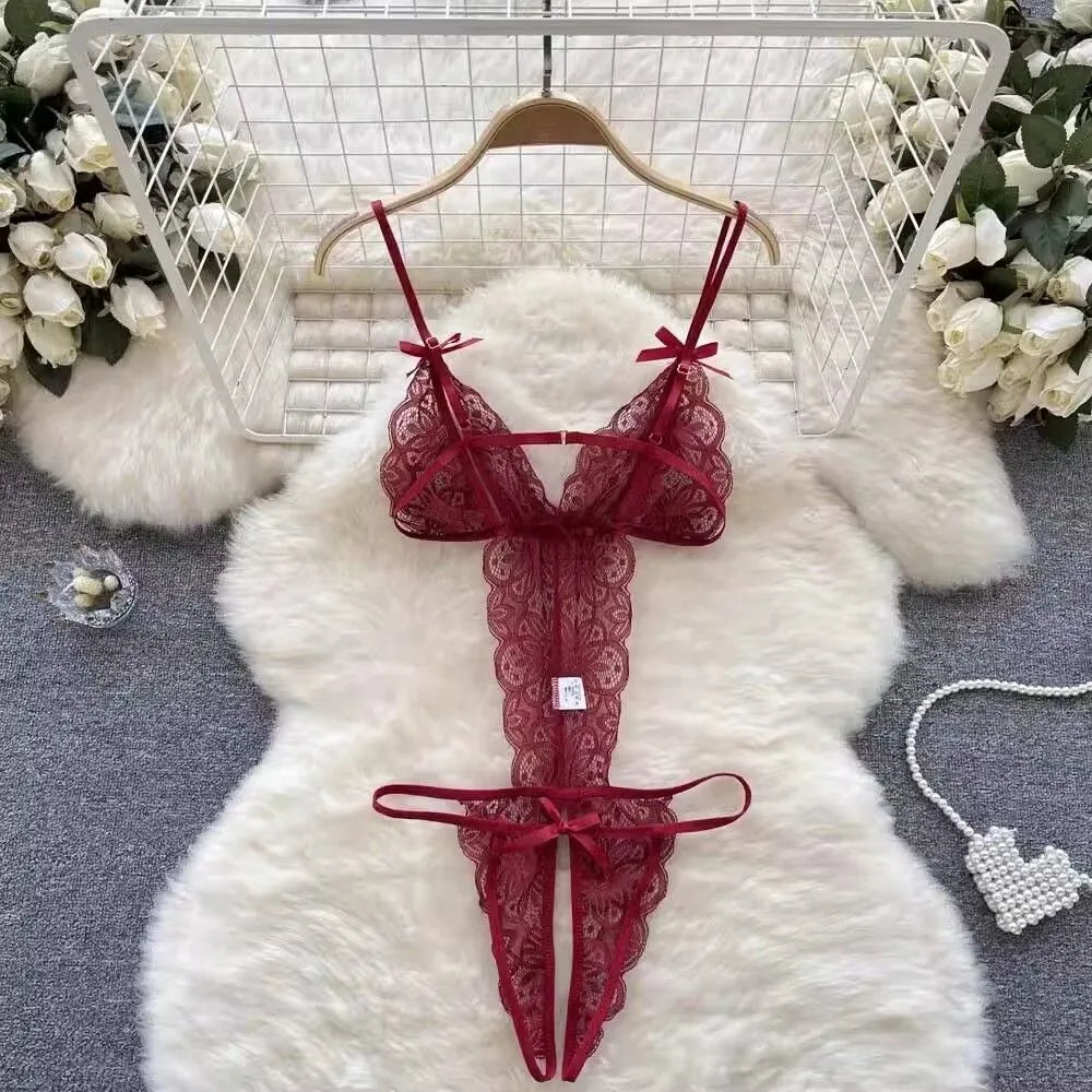 Sweet Deep V Neck Lace Bow Bodysuit Mesh Hollow Transparent Women Lingerie Jumpsuits Sleeveless Lace Sling Nightwear Gifts
