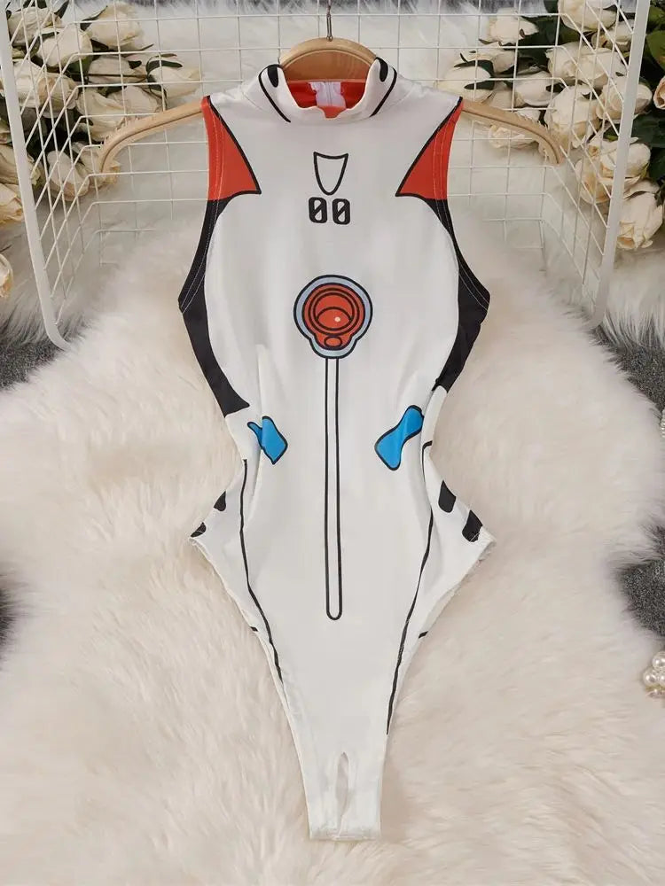 White Cute Sweet Cartoon Printed Jumpsuit Half High Collar Sleeveless Skinny Lingerie Bodycon Bodysuit Rompers Catsuits Clothes