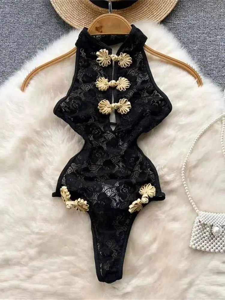 Stand Neck Halter Sleeveless Women's Bodysuit Backless Hollow Out Sexy Lace Black Playsuit Slim Pajamas China Qi Pao Black Sexy